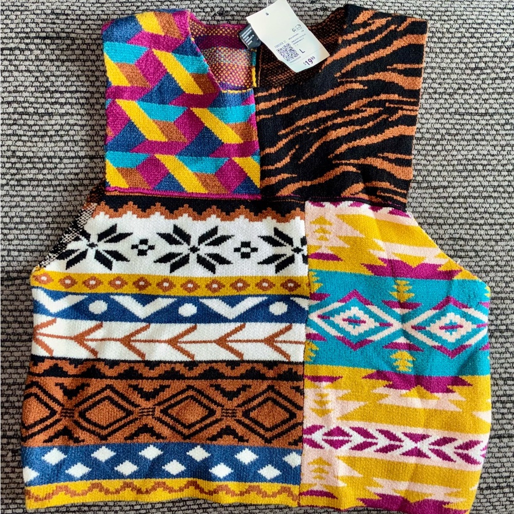 NWT $19.99 Forever 21 Slvlss Knit Multi-color Crop Sweater, Sz L - Picture 1 of 4